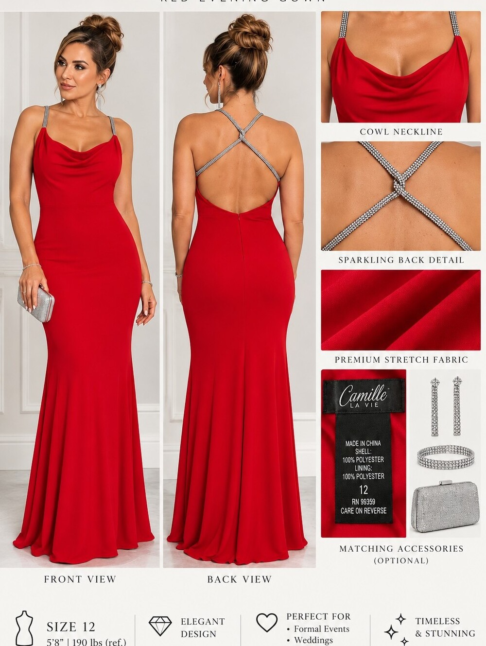 Camille La Vie Red Rhinestone Strap Open Back Evening Gown – Size 12